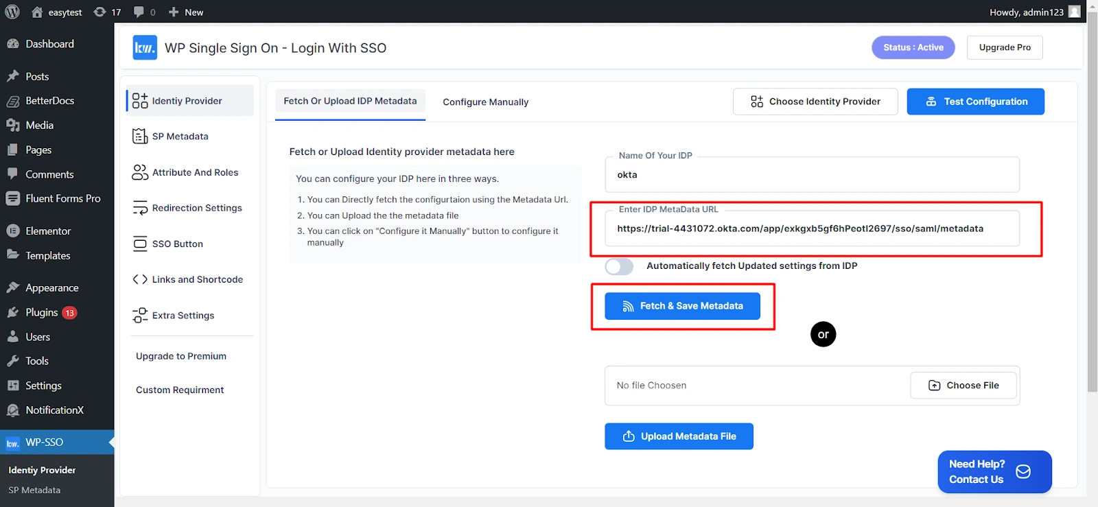 Okta WordPress Login With SAML SSO - Secure SAML SSO Setup 12 Fetch Okta Metadata in WordPress SAML Okta Plugin Settings
