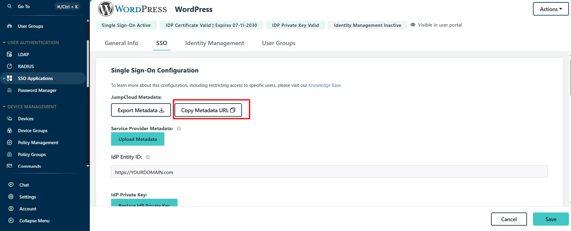 WordPress JumpCloud SSO: Complete Setup Guide for JumpCloud WordPress Single Sign-On 7 JumpCloud Metadata Download - Download IDP certificate and copy IDP URL