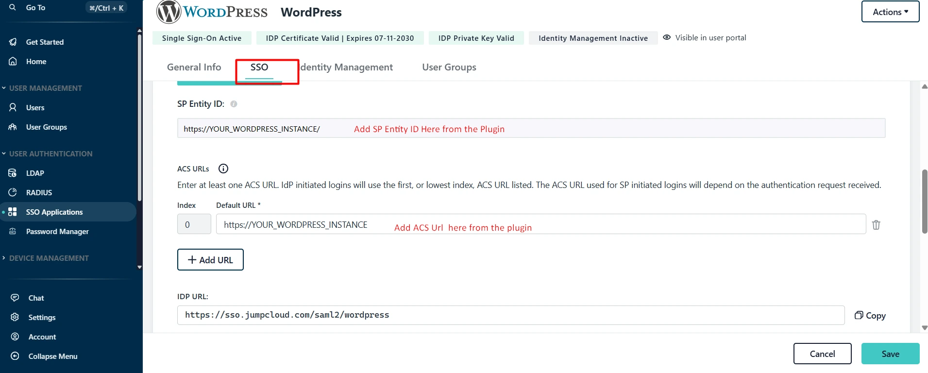WordPress JumpCloud SSO: Complete Setup Guide for JumpCloud WordPress Single Sign-On 6 JumpCloud SAML Configuration - Configure SAML settings in JumpCloud WordPress application