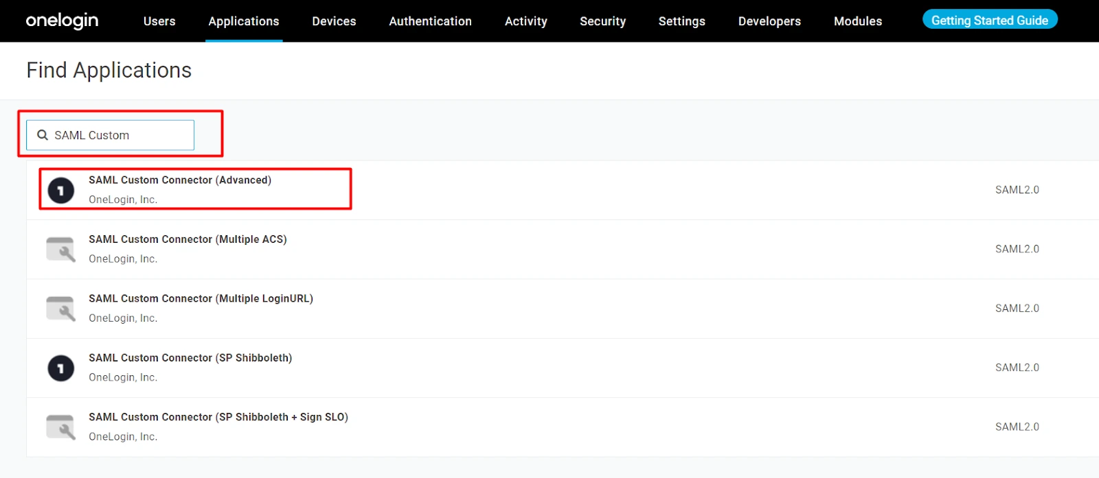 OneLogin SAML SSO WordPress: Complete Guide to Setup WordPress OneLogin Login 5 OneLogin SAML Custom Connector Selection - Select SAML Custom Connector Advanced for WordPress setup